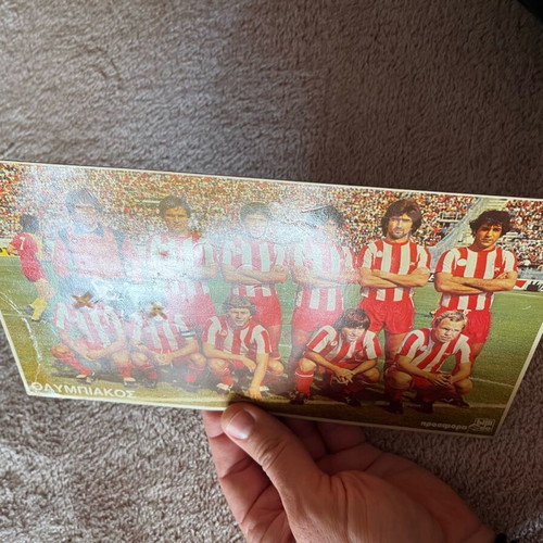 Olympiakos cardboard card used, large size, 1980s