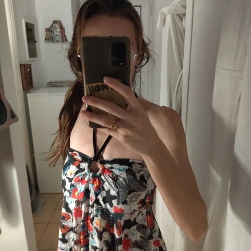 Floral mini dress like new with neck tie, S/M