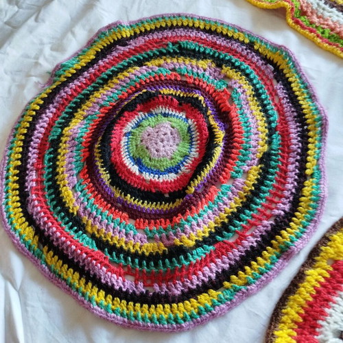 Crocheted table linens used, set of 6 colorful pieces