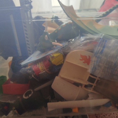Playmobil box with helicopter, dragon, school bus, garbage truck and more