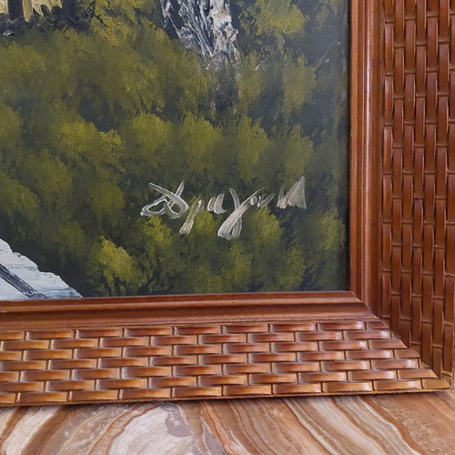 Idyllic Mountain Landscape with Cabin and Waterfall - Oil Painting