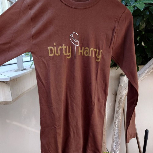 Unisex T-shirt long sleeve with Dirty Harry print, brown, sizes L XL like new