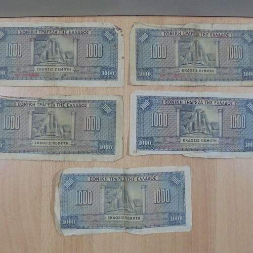 1000 Drachma Banknotes 1926 used, pack of 5