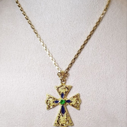 Handmade 14K Yellow Gold Orthodox Cross with Certified Tsavorite Garnet, New