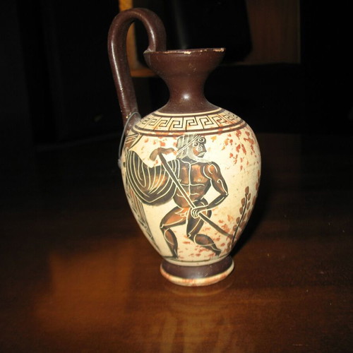 Imitation ancient black-figure Corinthian oinochoe used, 14 cm height