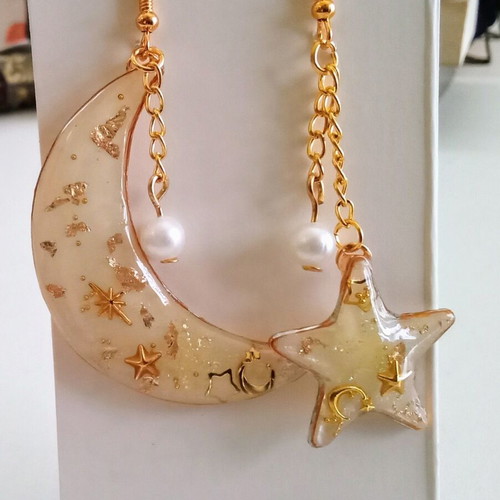 Handmade Moon and Star Earrings new, beige and gold