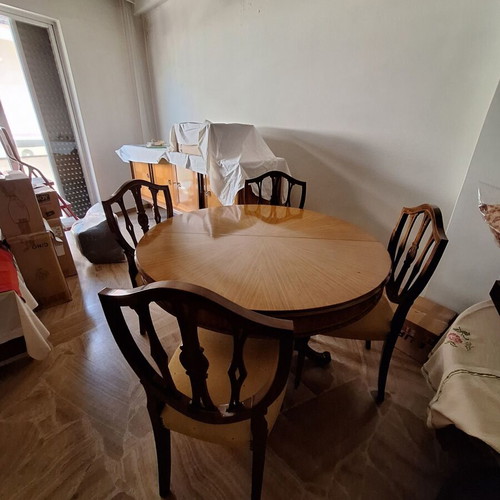 Dining set round walnut handmade 1960 with 8 chairs and mirror used
