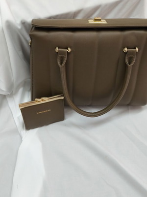 Handbag with small wallet, medium size, brown, new