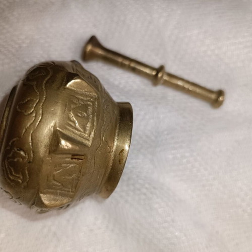 Brass mortar with pestle used, handmade, 1950s vintage