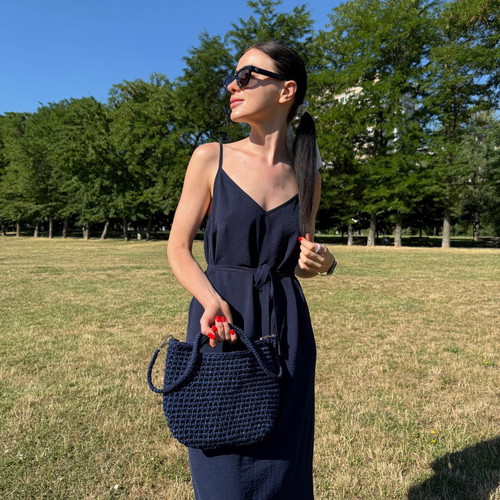 Handmade Crochet Shoulder Bag new, dark blue, minimalist t-shirt yarn handbag