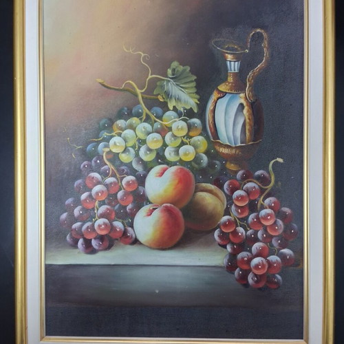 Oil painting still life with grapes and peaches