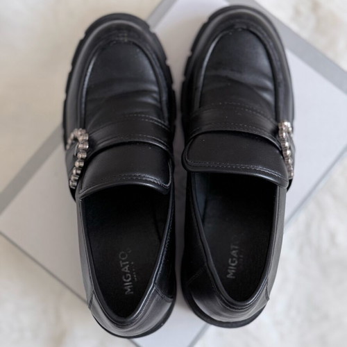Migato loafers black like new with rhinestone buckle and chunky heel
