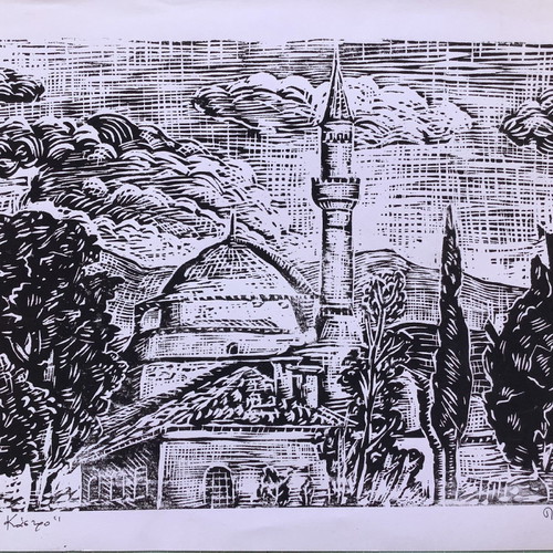 Unique woodcut 'Landscape at the Castle' Aslan Mosque new 50x35cm