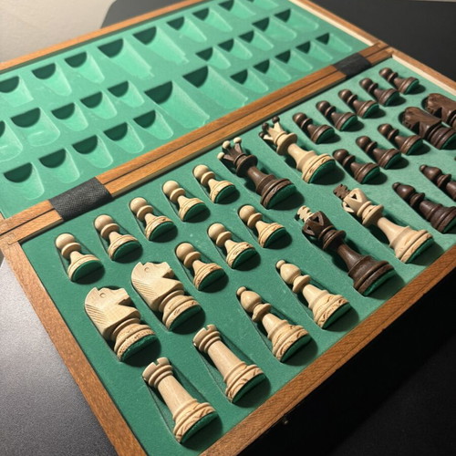 Handmade wooden chess set like new with folding board
