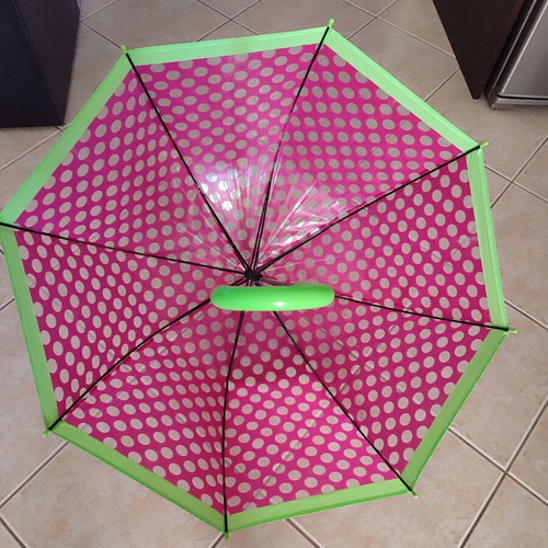 Automatic polka dot rain umbrella with cane handle, like new, transparent pink green