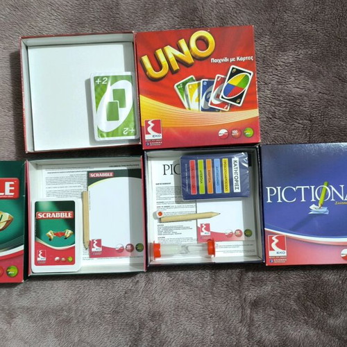 Mini board games new, pack with UNO, Scrabble, Pictionary