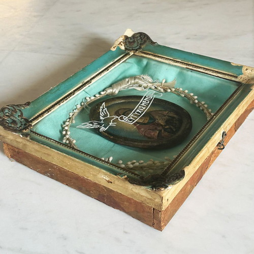 Antique Russian Orthodox Virgin Mary icon in handmade wedding frame, 1890s