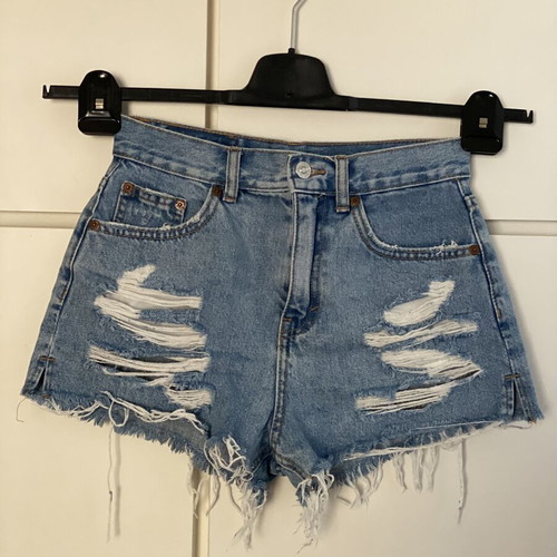 Pull & Bear ripped high waisted blue denim shorts