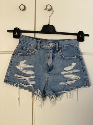 Pull & Bear ripped high waisted blue denim shorts
