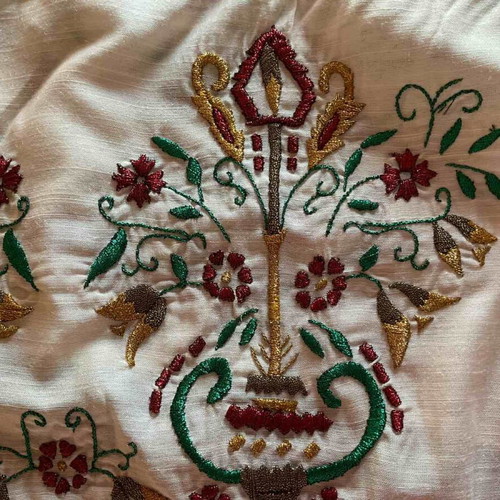 Vintage embroidered table runner with gold thread and lace