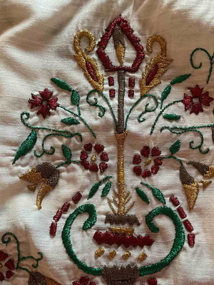 Vintage embroidered table runner with gold thread and lace