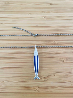 Necklace with steel fish-shaped pendant and blue details new