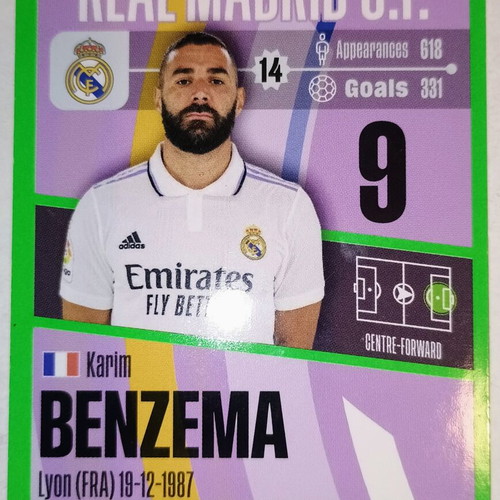Karim Benzema Real Madrid collectible card used, Panini Top Class 2023