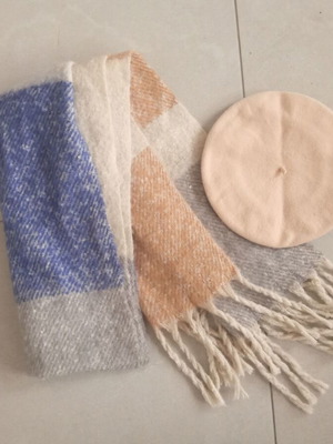 Wool scarf XXL and beret like new, cream, blue and beige