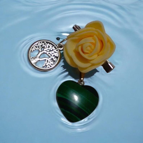 Brooch with natural malachite stone, tree of life pendant and foam rose