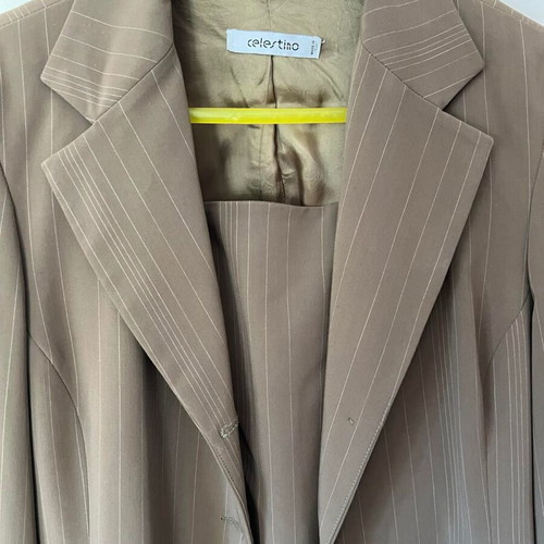Celestino suit used, green with beige stripes, jacket and skirt set