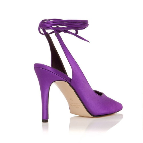 Sante satin pumps size 39 with open heel and ankle tie, like new, purple