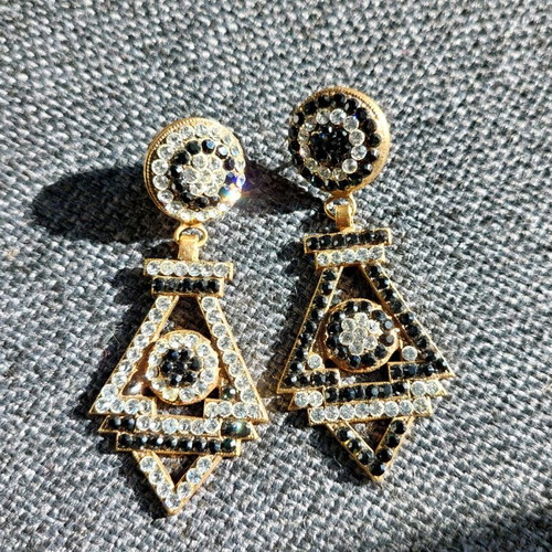 Earrings white-black with Swarovski, handmade, bronze, 6.5cm