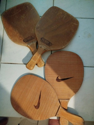 Wooden beach rackets used, 2 pairs Nike and Patriot