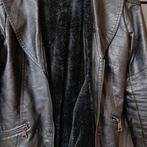 Regular women's leather coat XL, black, winter with faux fur lining