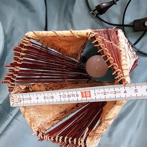 Handmade rustic table lamp with birch bark and wooden rods, used, 32 cm