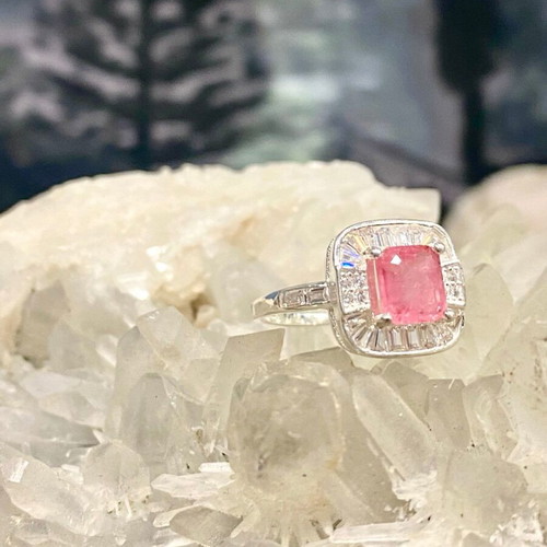 Handmade silver ring with natural pink tourmaline and moissanite
