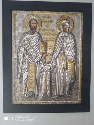 Icon of St. Raphael and Nicholas and St. Irene like new, metal and wood