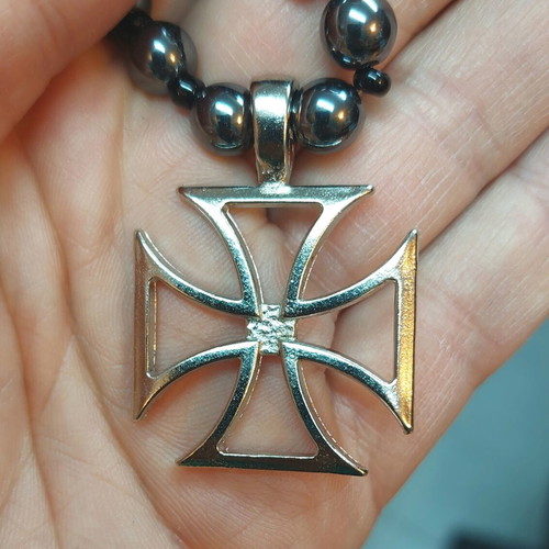 Necklace Iron Cross with 8mm Hematite Beads, new, 60 cm