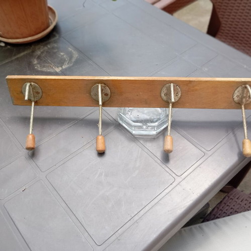 Retro wall coat rack used, authentic vintage style with 4 metal hooks