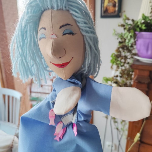 Handmade doll for collectors or puppet theatre on wooden base