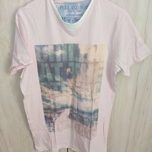 Pull & Bear men's pink T-shirt with large vintage print, size M-L