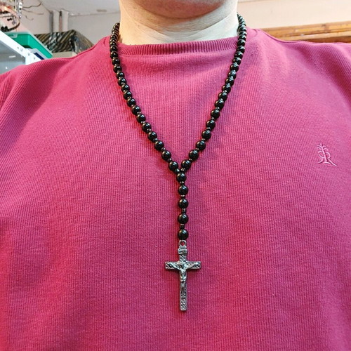 Necklace rosary with cross new, metal pendant and resin beads