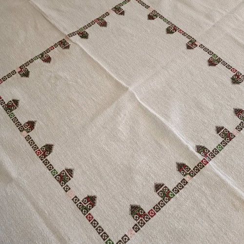 Handmade woven tablecloth with embroidery used 120x120
