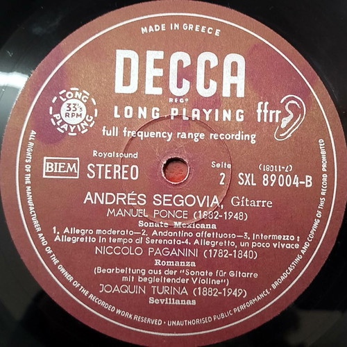 Andrés Segovia Sor Ponce Paganini Turina vinyl record used