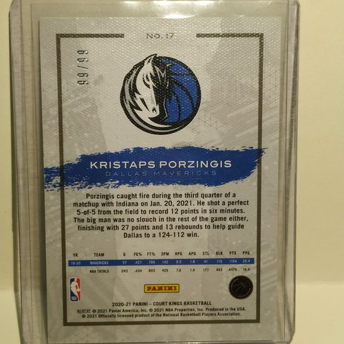 Kristaps Porzingis 2020-21 Court Kings NBA Dallas Mavericks #17 numbered card like new