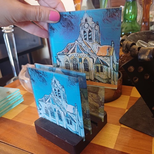 Set of 4 Vincent van Gogh Glass Coasters with Wooden Base – Collectible Art Coasters