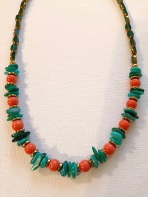 Necklace 4485 new, handmade, green and orange