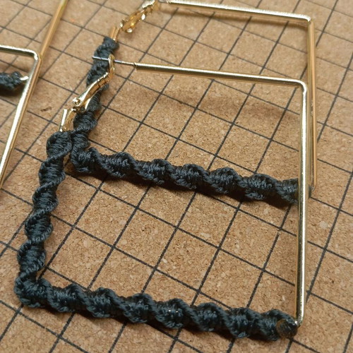 Macrame handmade earrings black hoops, gold steel, new