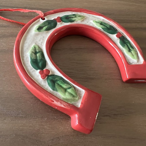 Vintage ceramic lucky horseshoe red with ribbon
