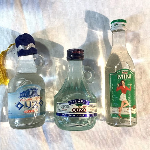 Ouzo used, set of 11 different miniatures from all over Greece